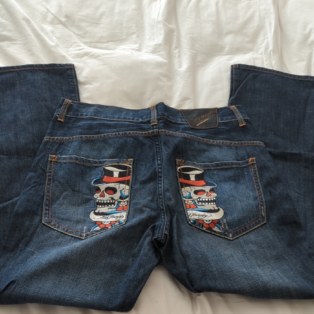 Ed Hardy Vintage Dark Blue Button Fly Skull Embroidery Back Pockets Jeans, 36